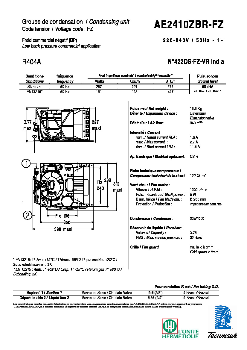 Технические характеристики и размеры агрегата Tecumseh AE2410ZB
