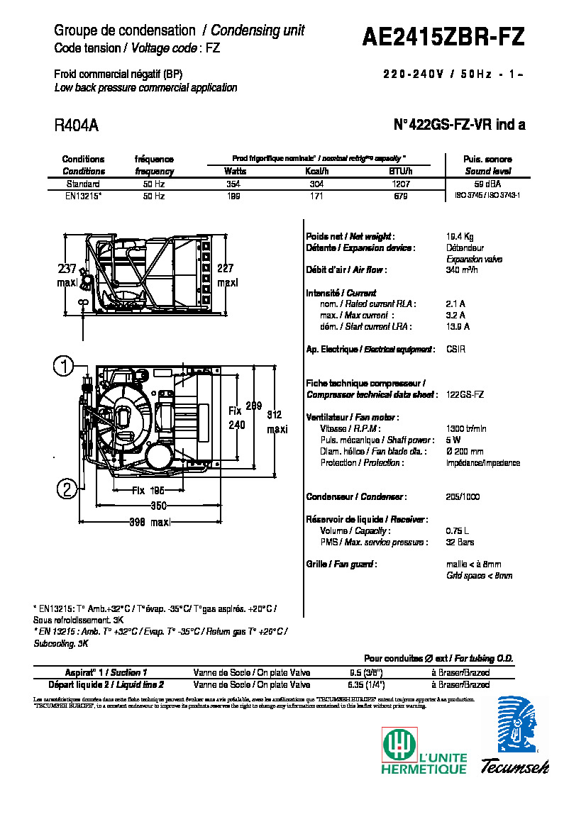 Технические характеристики и размеры агрегата Tecumseh AE2415ZB