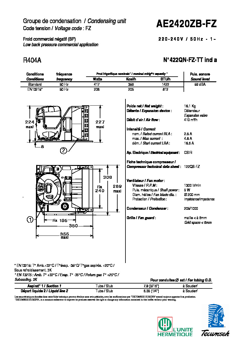Технические характеристики и размеры агрегата Tecumseh AE2420ZB