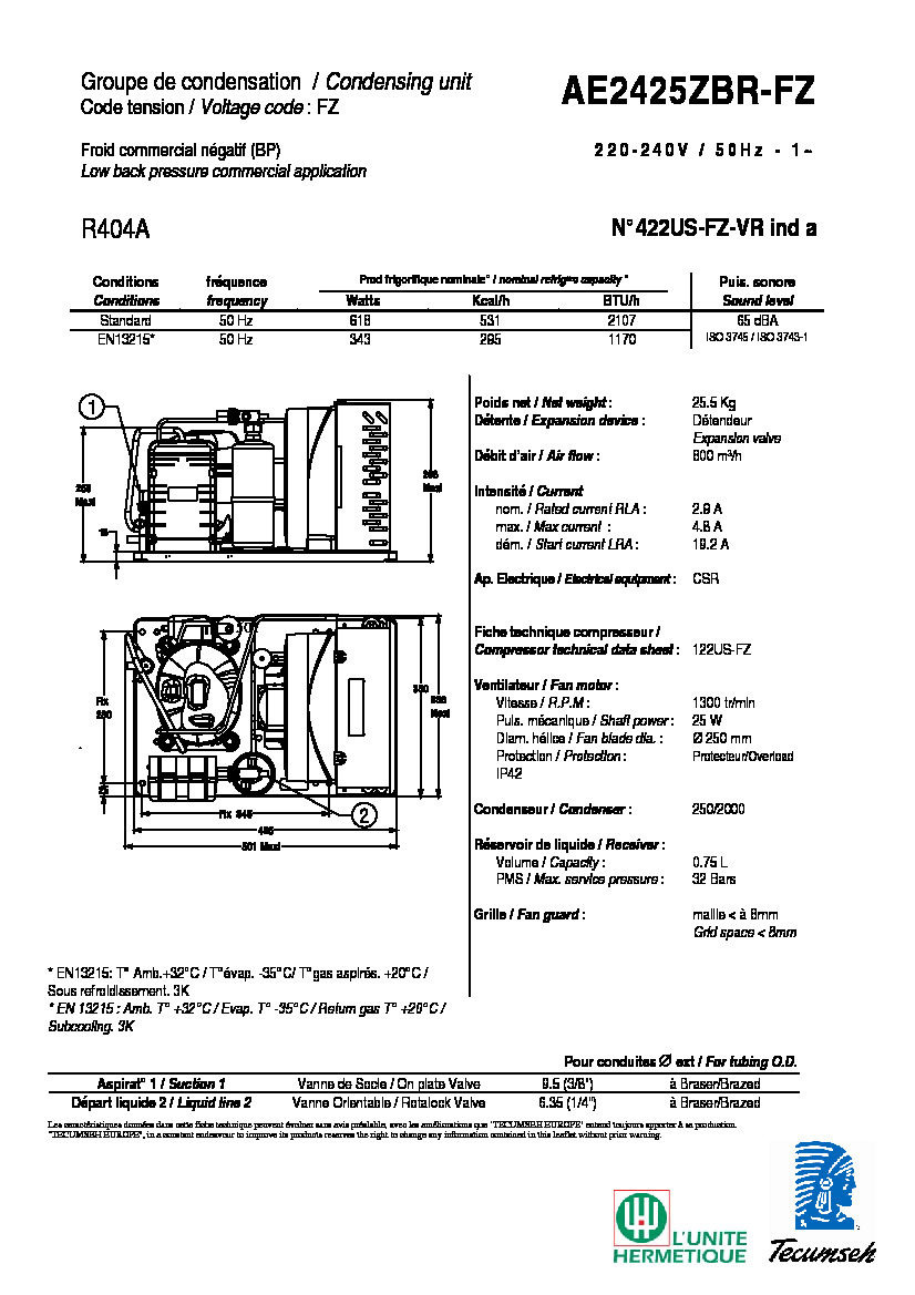 Технические характеристики и размеры агрегата Tecumseh AE2425ZBR