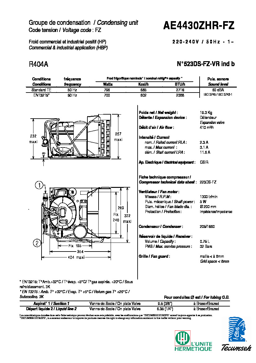 Технические характеристики и размеры агрегата Tecumseh AE4430ZH