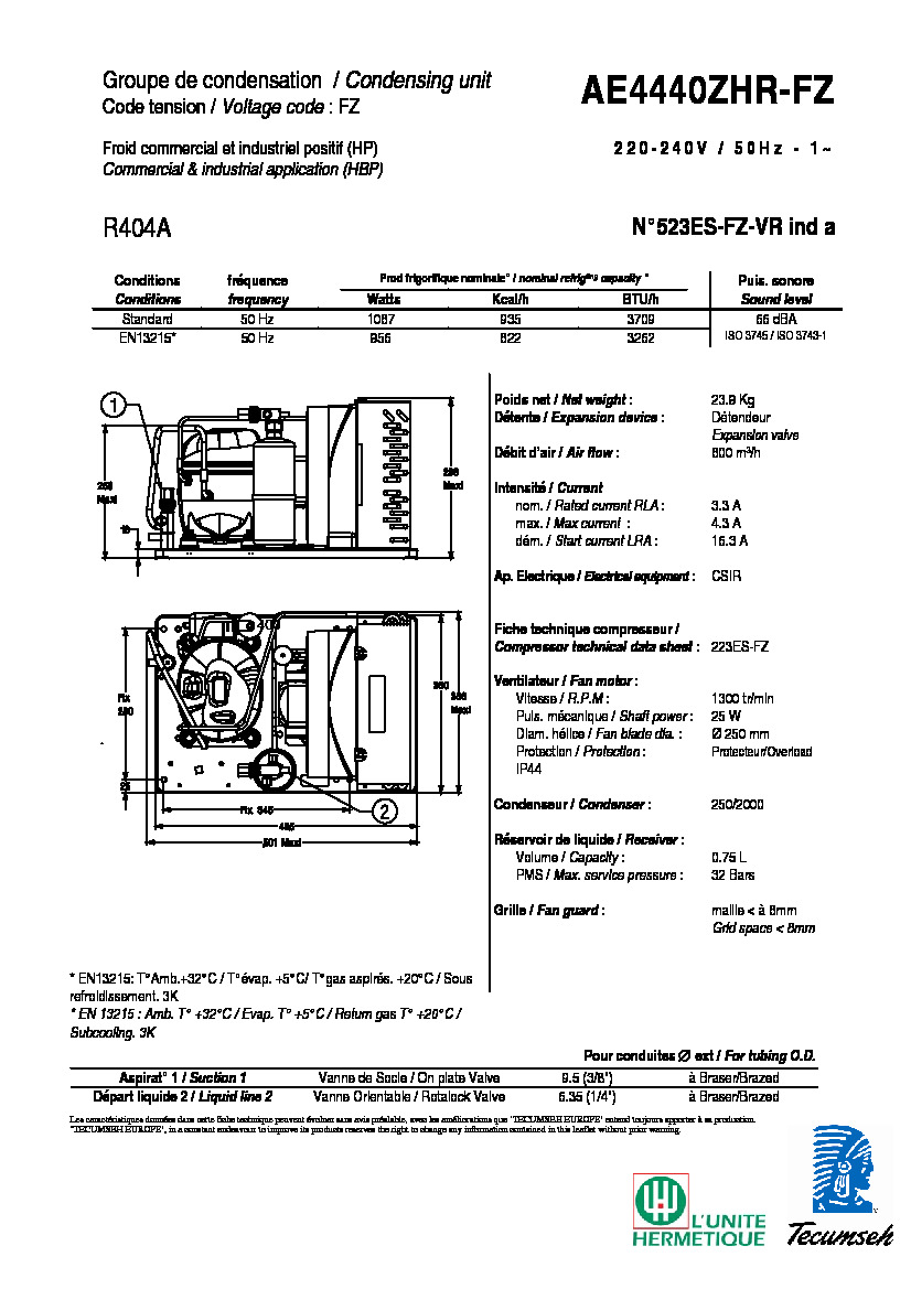 Технические характеристики и размеры агрегата Tecumseh AE4440ZH