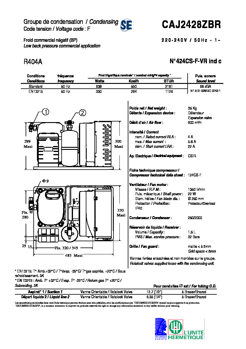 Технические характеристики и размеры агрегата Tecumseh CAJ2428ZBR