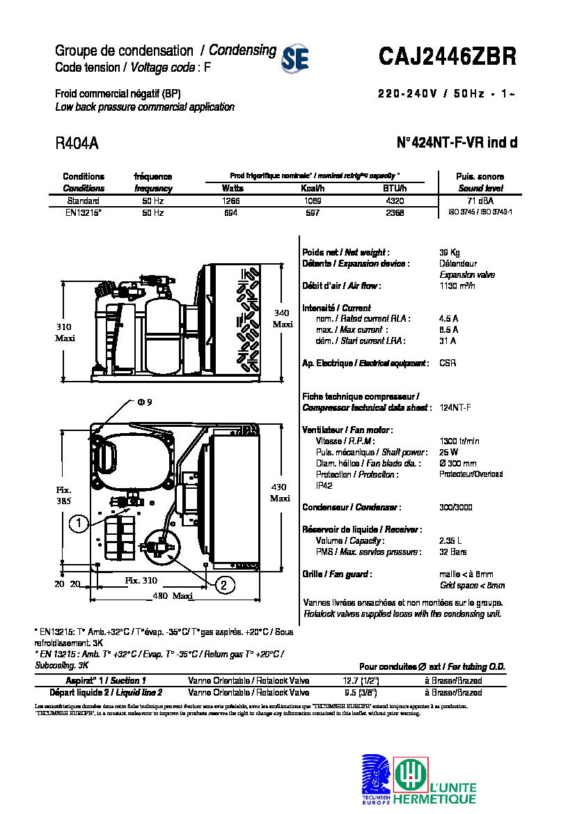 Технические характеристики и размеры агрегата Tecumseh CAJ2446ZBR