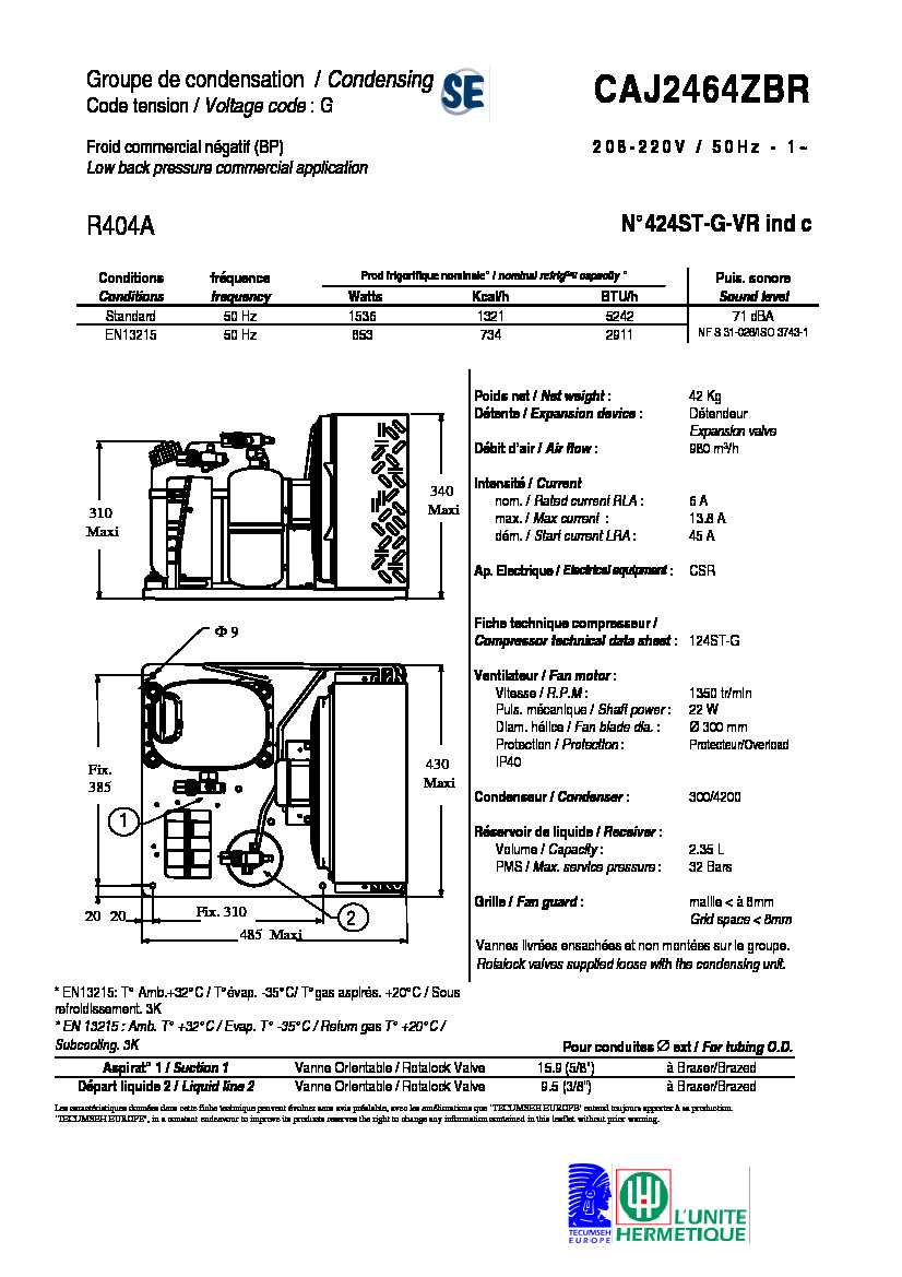 Технические характеристики и размеры агрегата Tecumseh CAJ2464ZBR