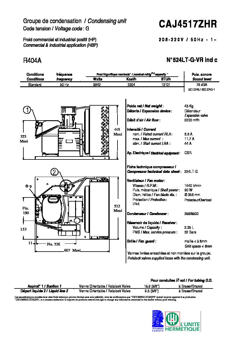 Технические характеристики и размеры агрегата Tecumseh CAJ4517ZHR