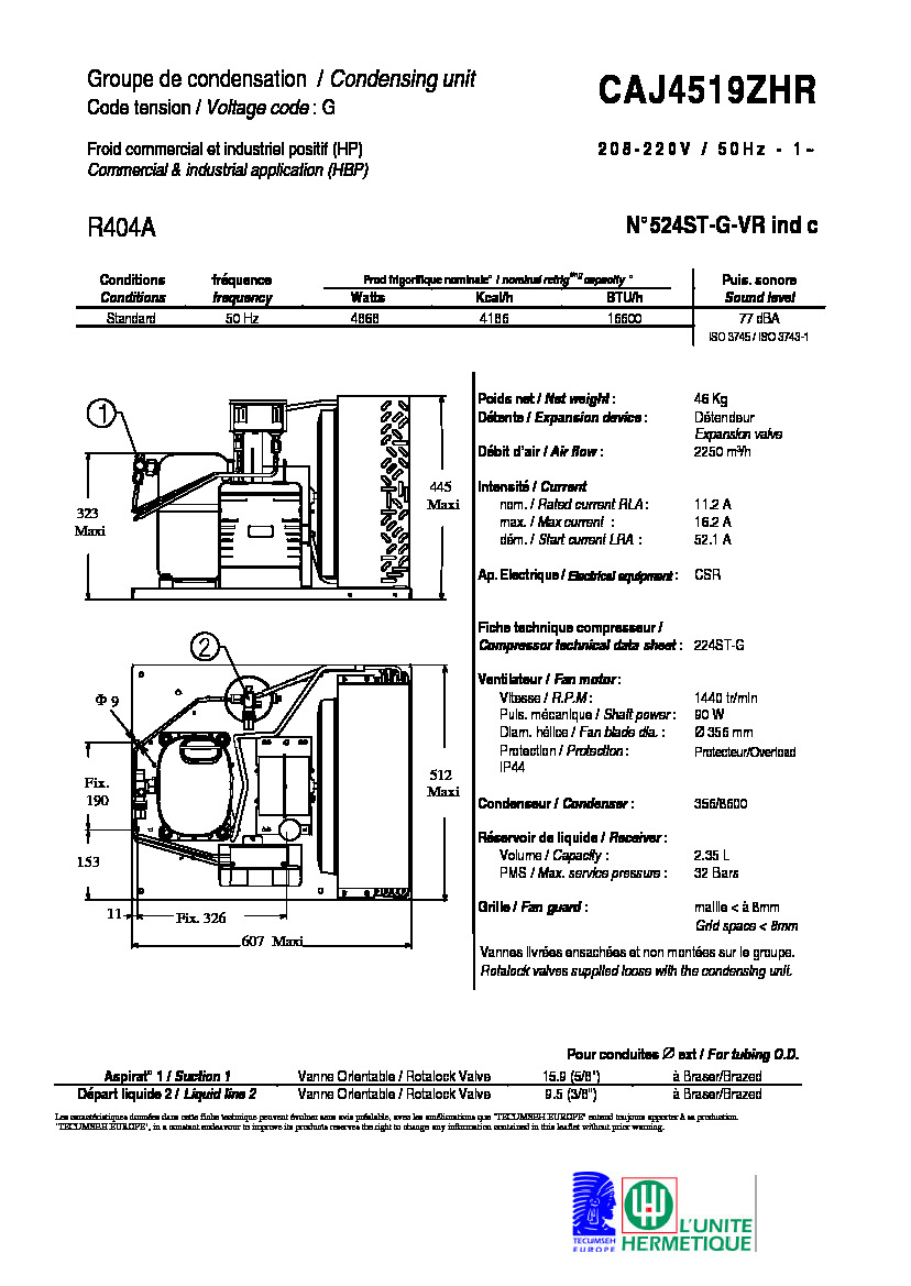 Технические характеристики и размеры агрегата Tecumseh CAJ4519ZHR