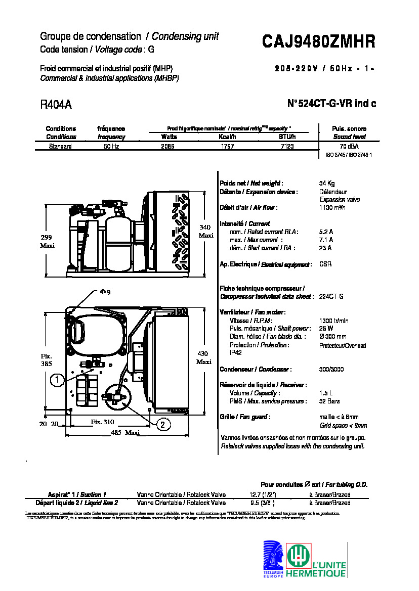 Технические характеристики и размеры агрегата Tecumseh CAJ9480ZMHR