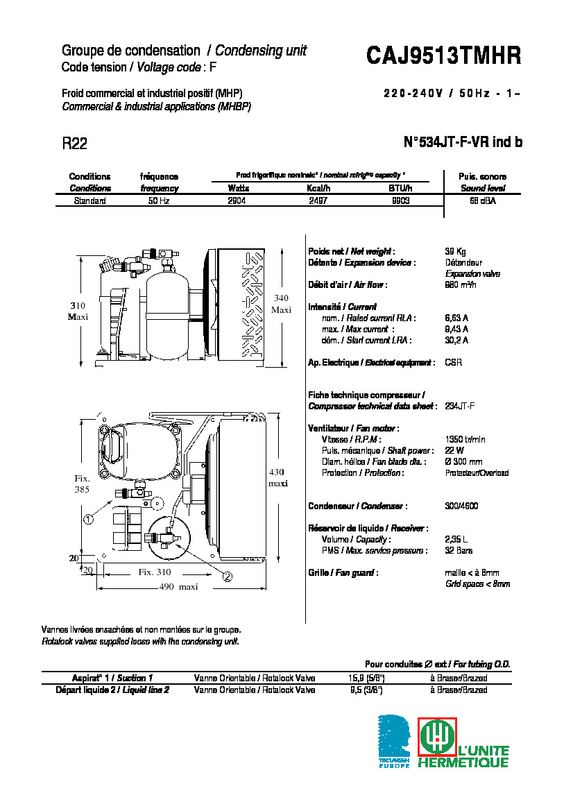 Технические характеристики и размеры агрегата Tecumseh CAJ9513TMHR