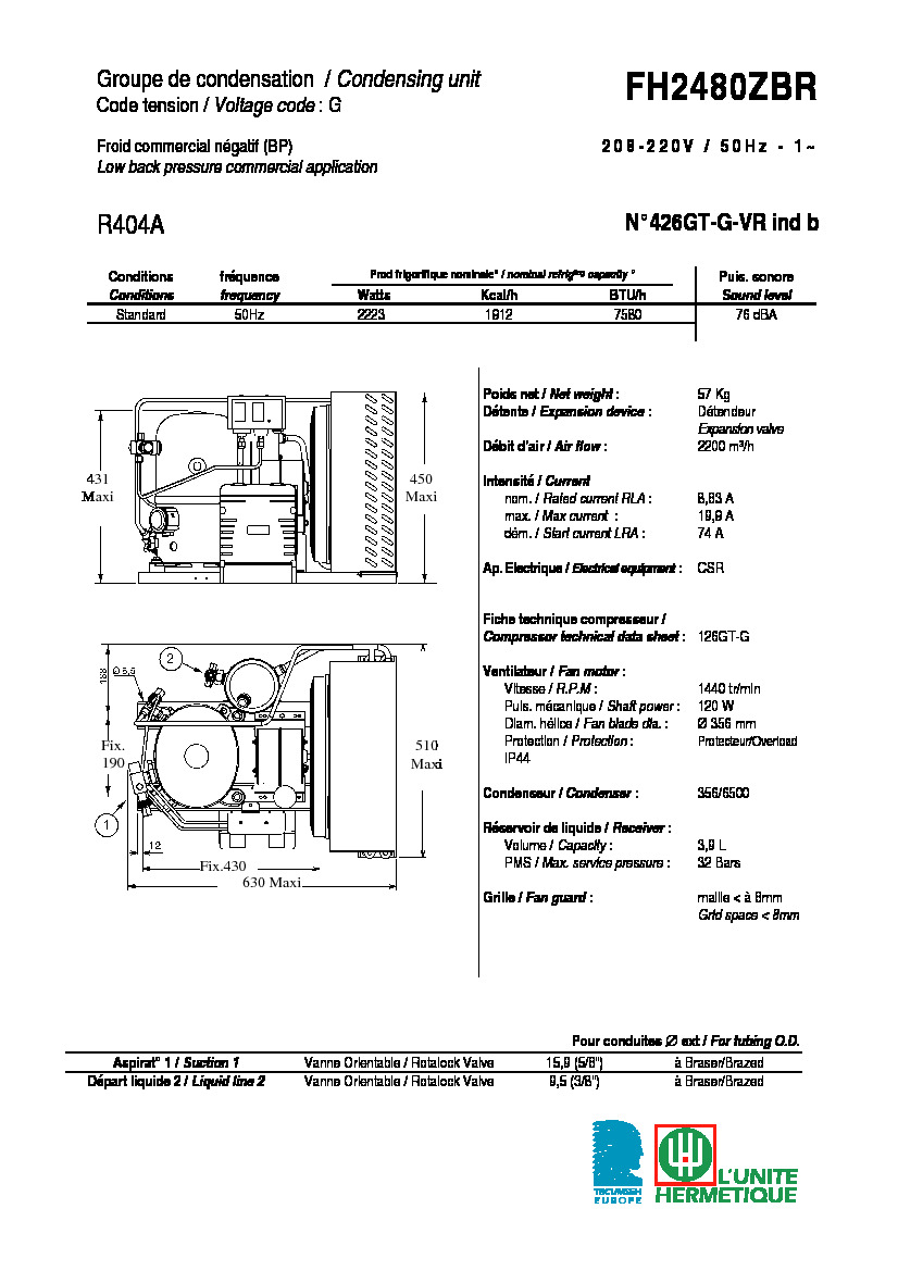 Технические характеристики и размеры агрегата Tecumseh FH2480ZBR