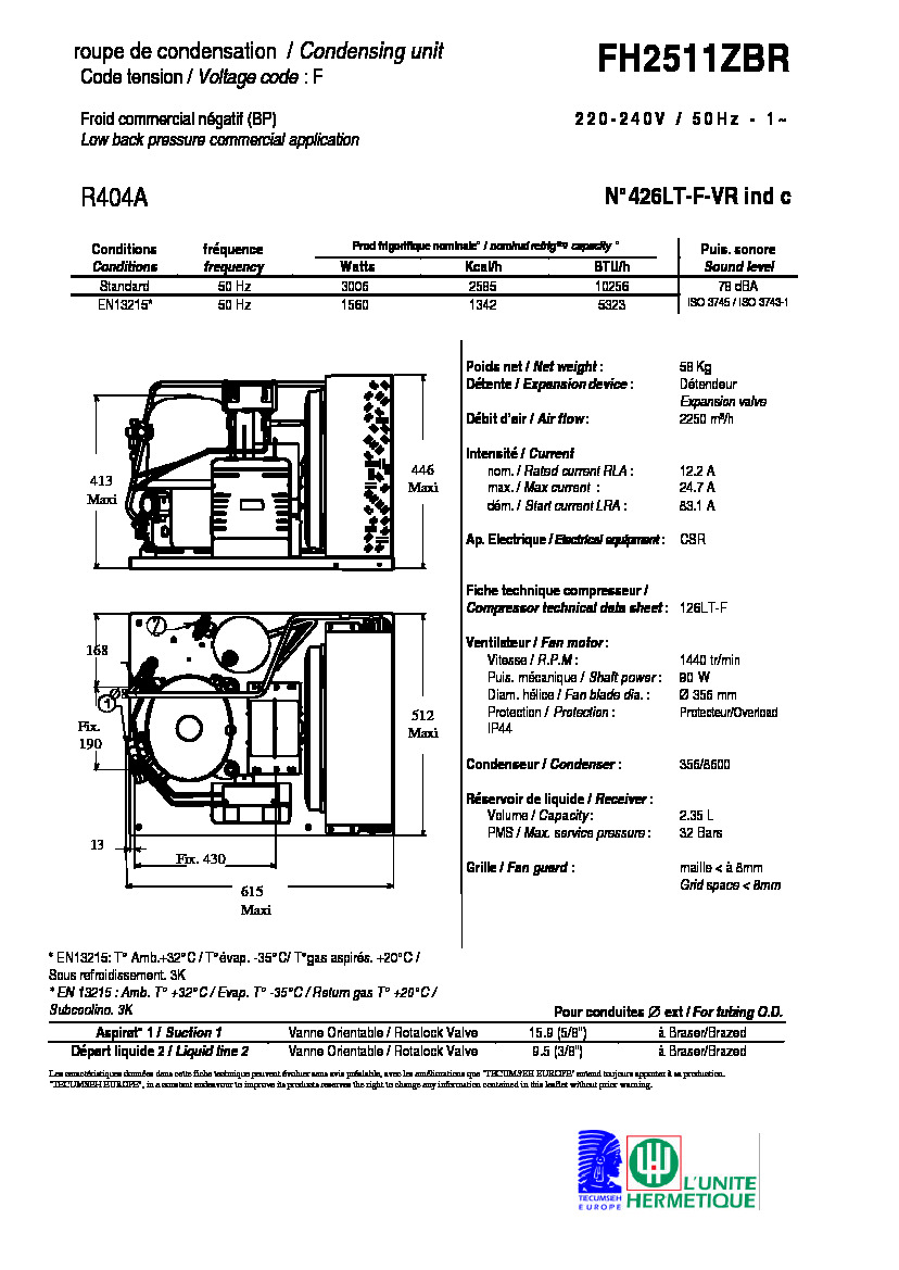 Технические характеристики и размеры агрегата Tecumseh FH2511ZBR