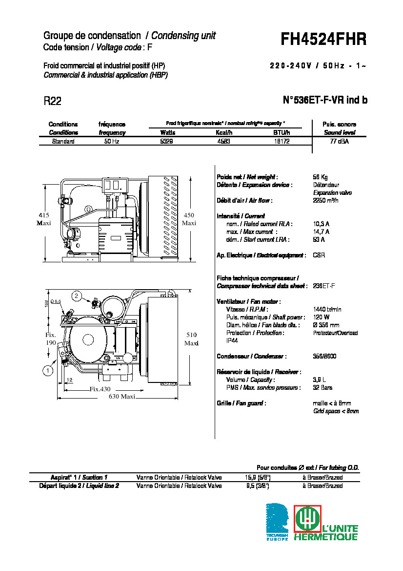 Технические характеристики и размеры агрегата Tecumseh FH4524FHR