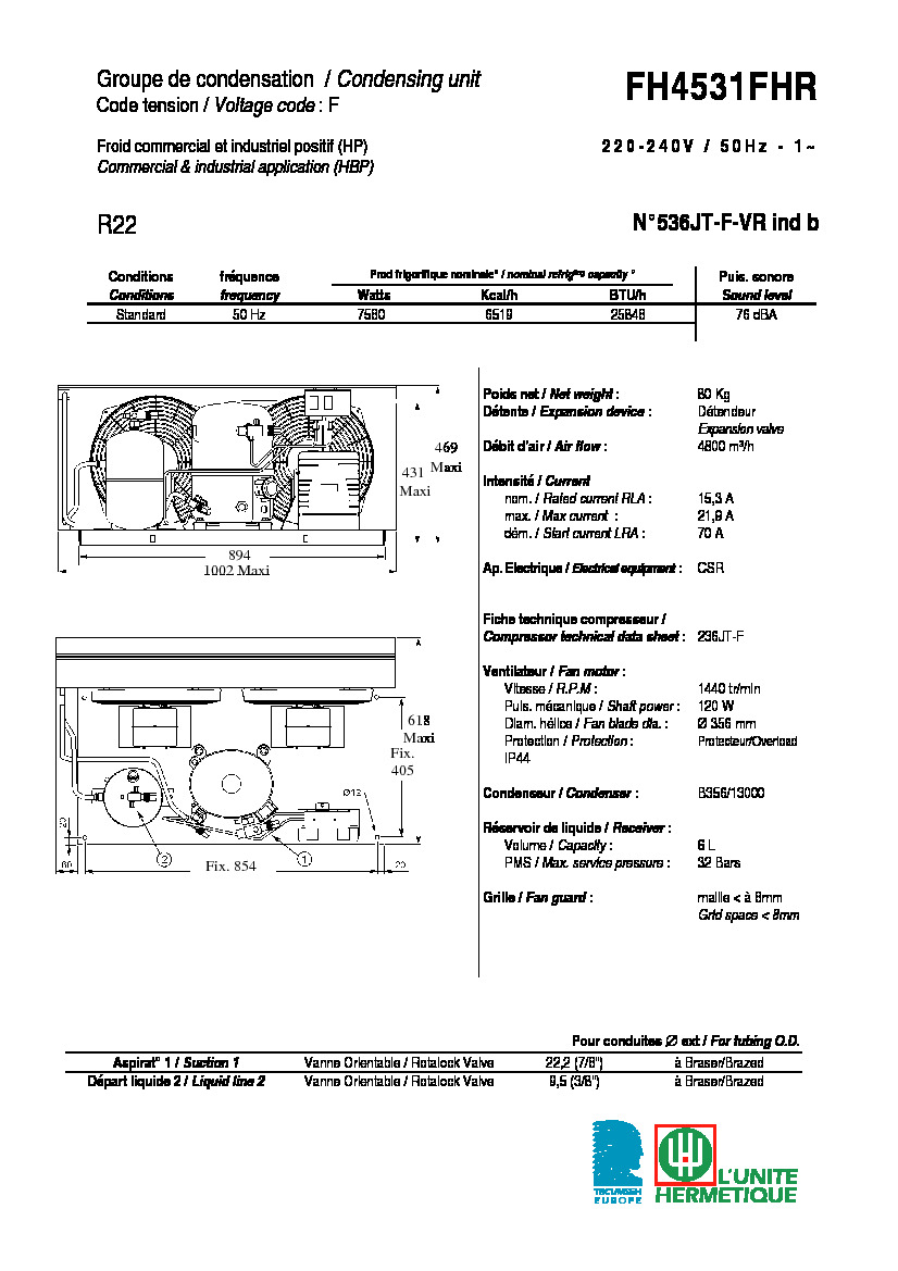 Технические характеристики и размеры агрегата Tecumseh FH4531FHR