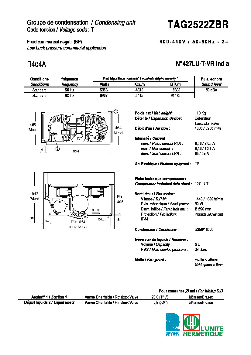 Технические характеристики и размеры агрегата Tecumseh TAG2522ZBR