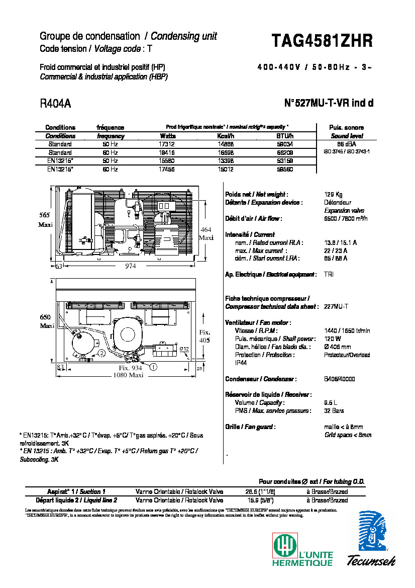 Технические характеристики и размеры агрегата Tecumseh TAG4581ZHR