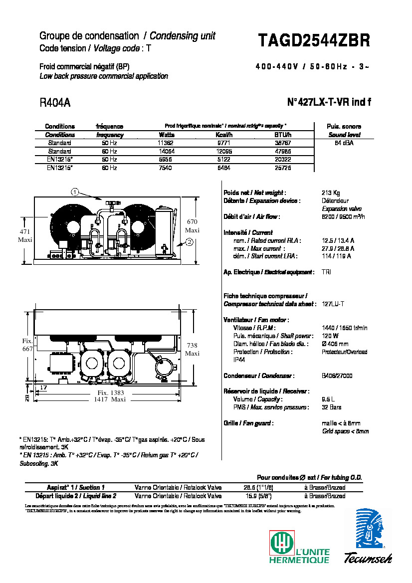 Технические характеристики и размеры агрегата Tecumseh TAGD2544ZBR