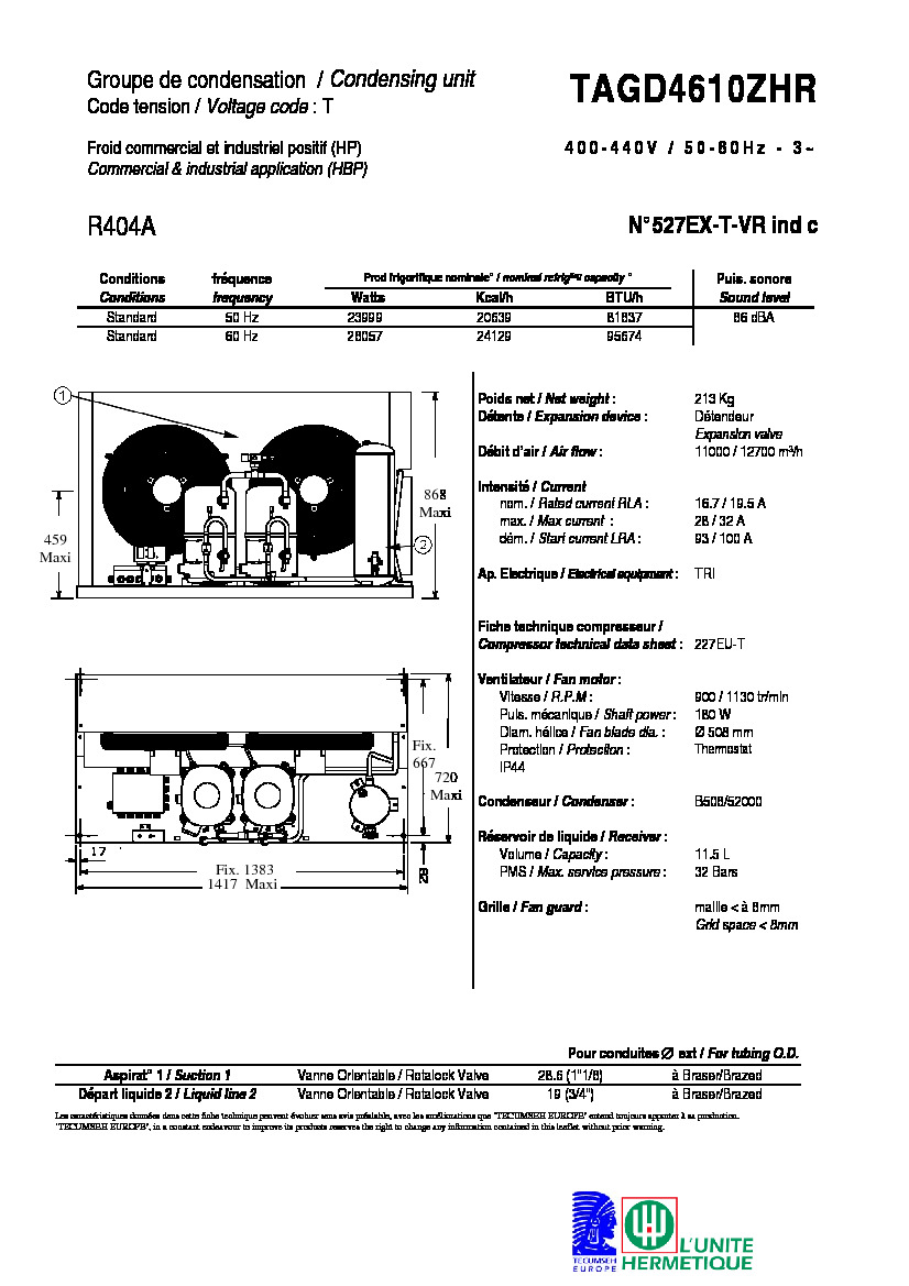 Технические характеристики и размеры агрегата Tecumseh TAGD4610ZHR