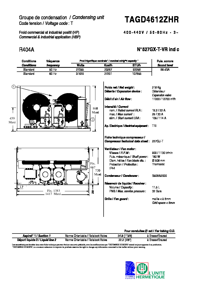 Технические характеристики и размеры агрегата Tecumseh TAGD4612ZHR
