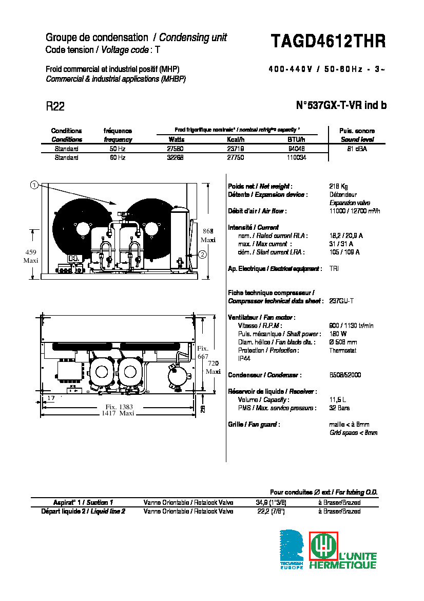 Технические характеристики и размеры агрегата Tecumseh TAGD4612THR
