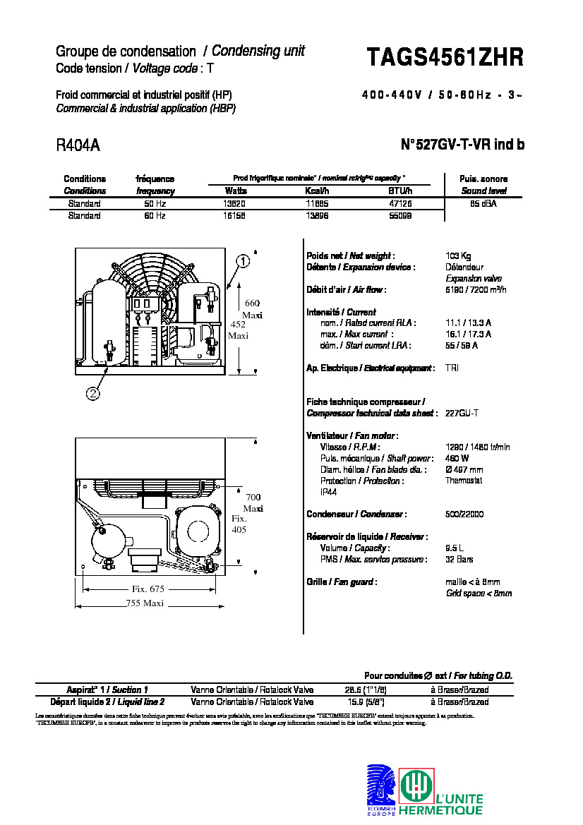 Технические характеристики и размеры агрегата Tecumseh TAGS4561ZHR
