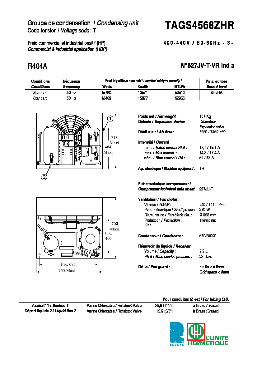 Технические характеристики и размеры агрегата Tecumseh TAGS4568ZHR