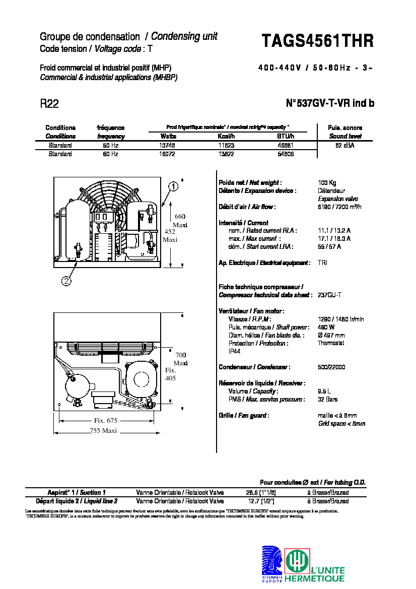 Технические характеристики и размеры агрегата Tecumseh TAGS4561THR