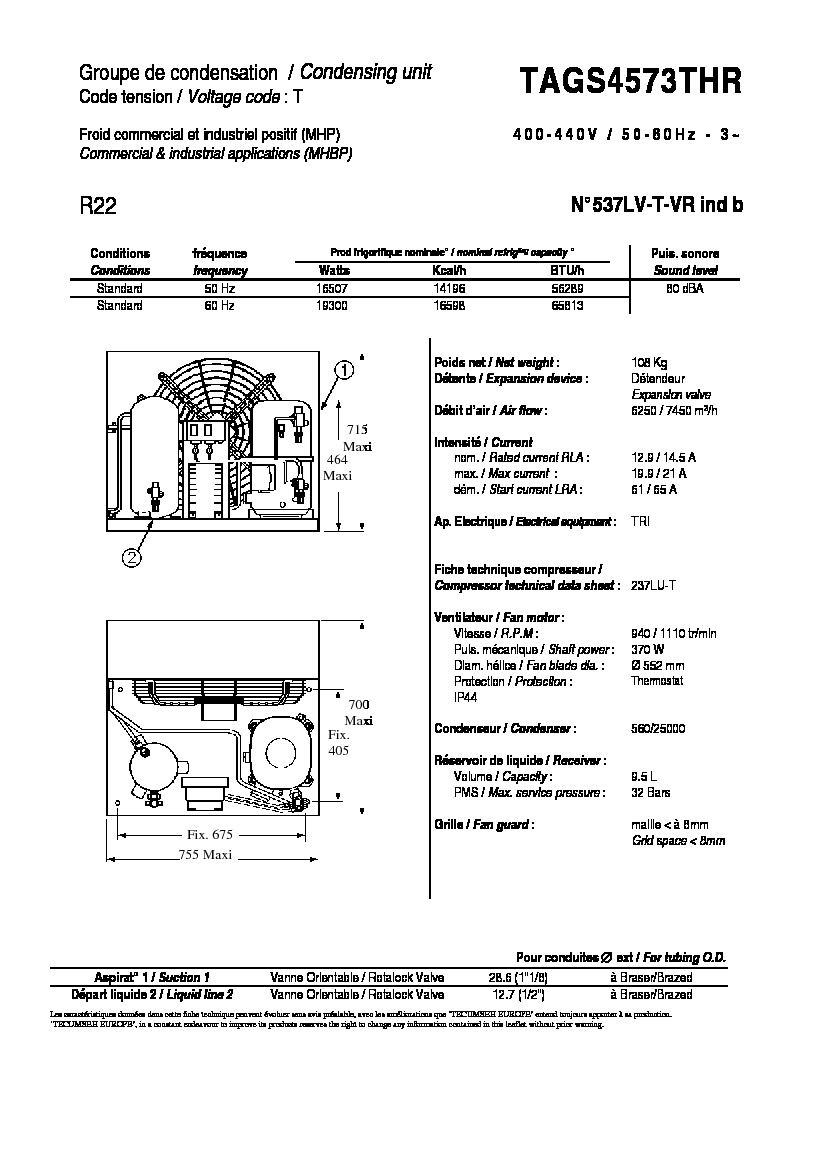 Технические характеристики и размеры агрегата Tecumseh TAGS4573THR