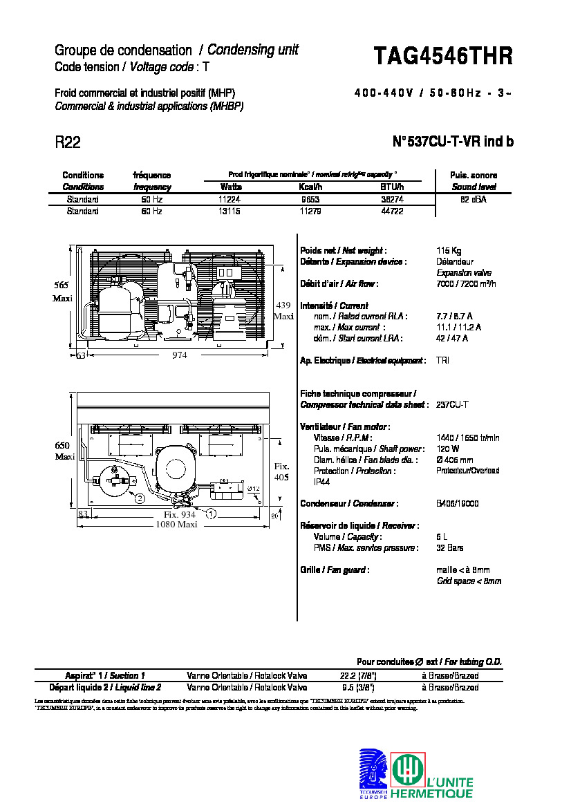 Технические характеристики и размеры агрегата Tecumseh TAG4546THR