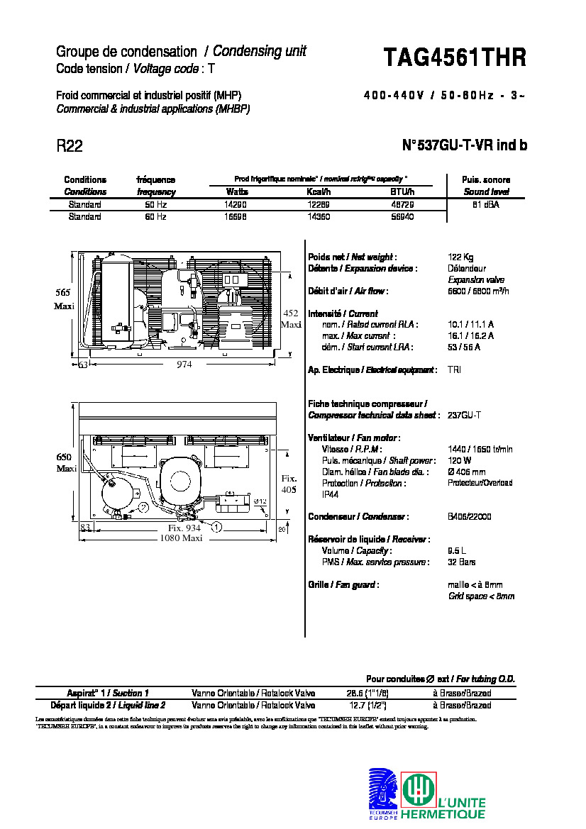 Технические характеристики и размеры агрегата Tecumseh TAG4561THR
