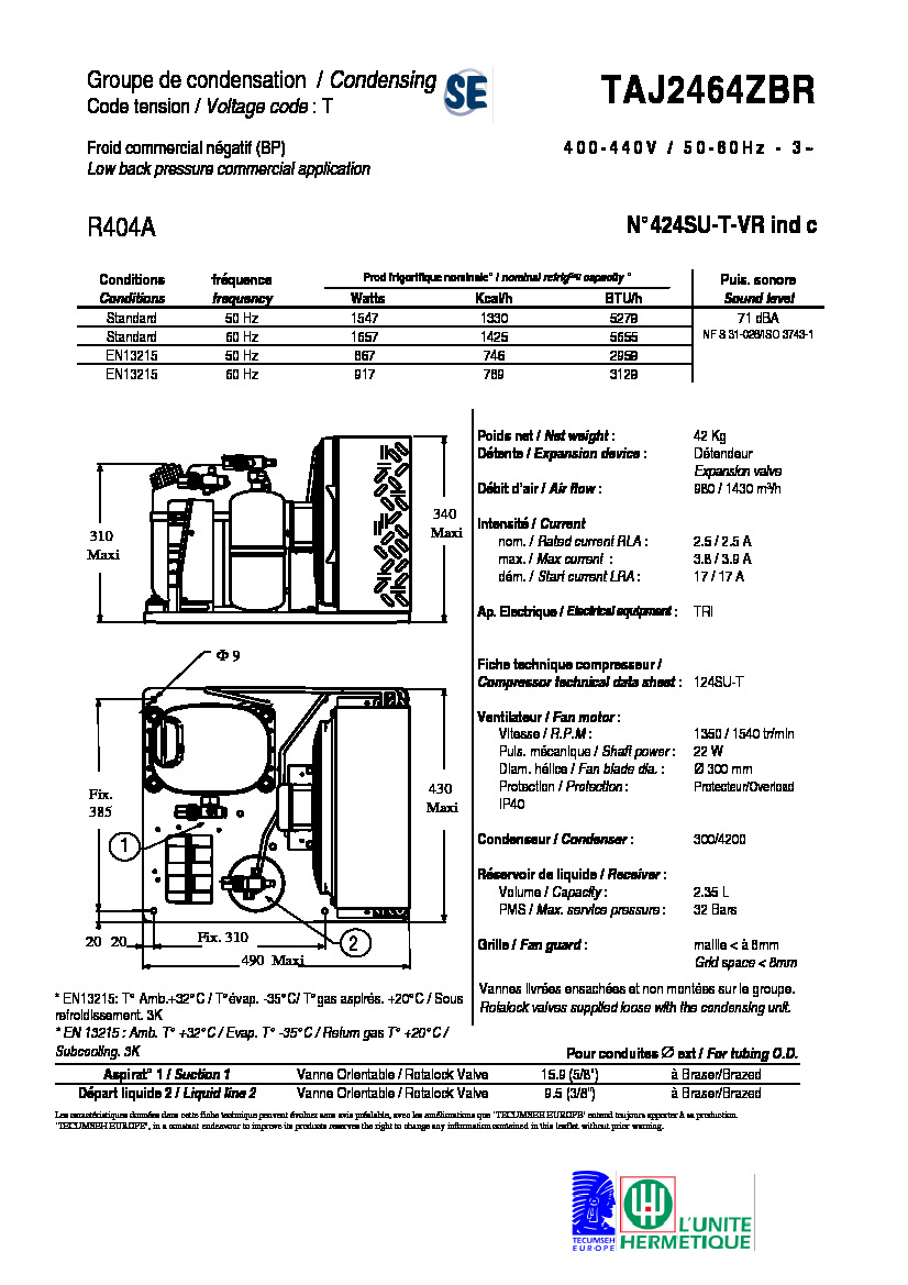 Технические характеристики и размеры агрегата Tecumseh TAJ2464ZBR