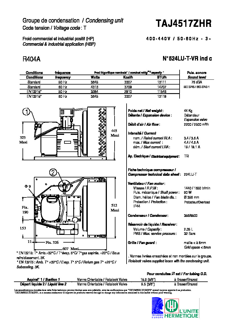 Технические характеристики и размеры агрегата Tecumseh TAJ4517ZHR