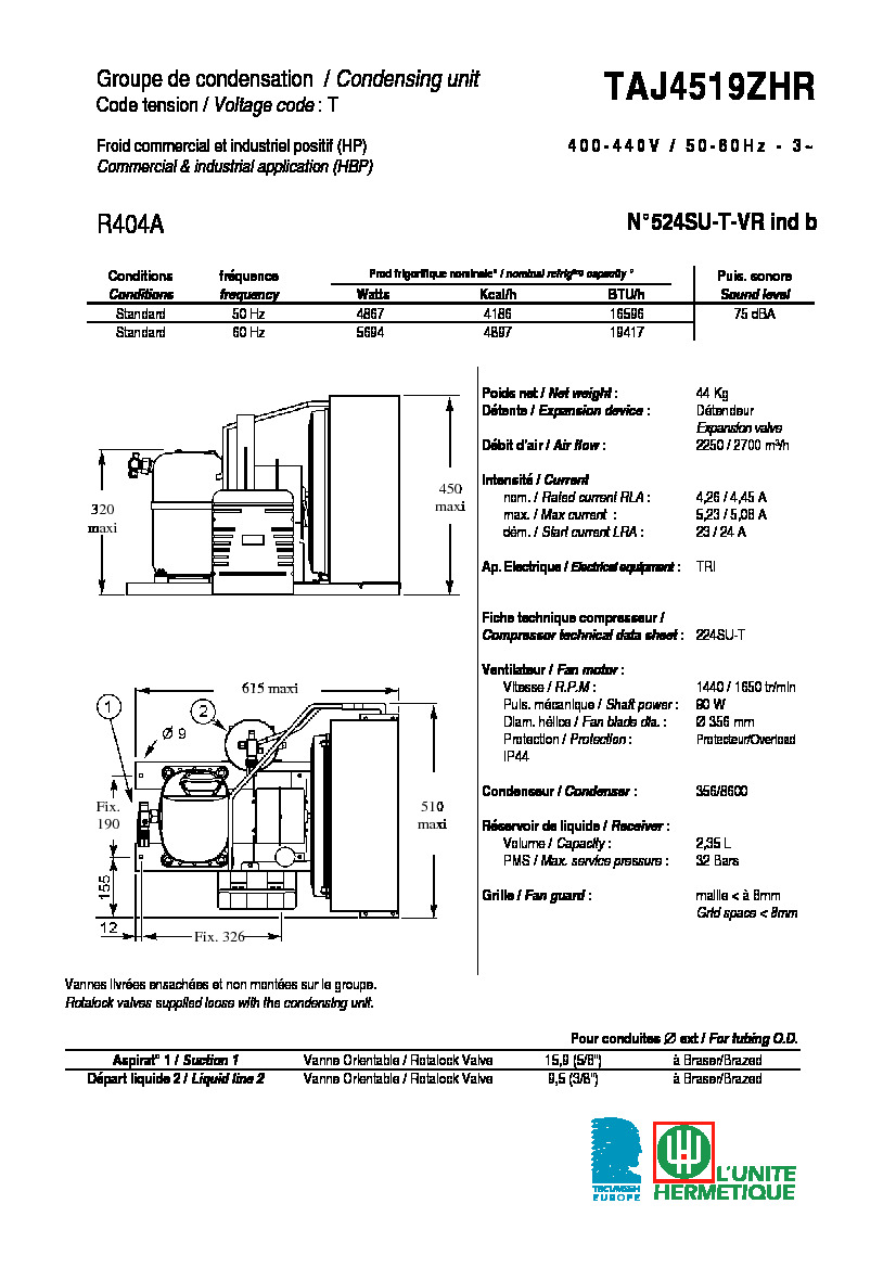 Технические характеристики и размеры агрегата Tecumseh TAJ4519ZHR