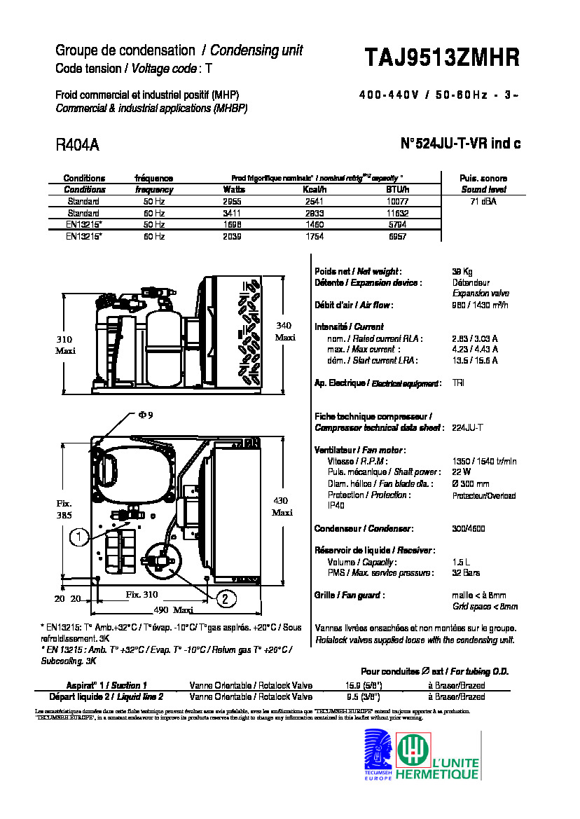 Технические характеристики и размеры агрегата Tecumseh TAJ9513ZMHR