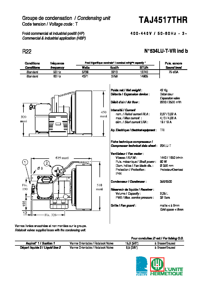 Технические характеристики и размеры агрегата Tecumseh TAJ4517THR