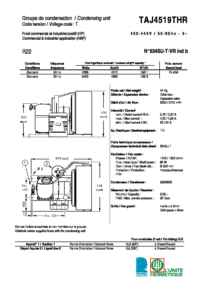 Технические характеристики и размеры агрегата Tecumseh TAJ4519THR
