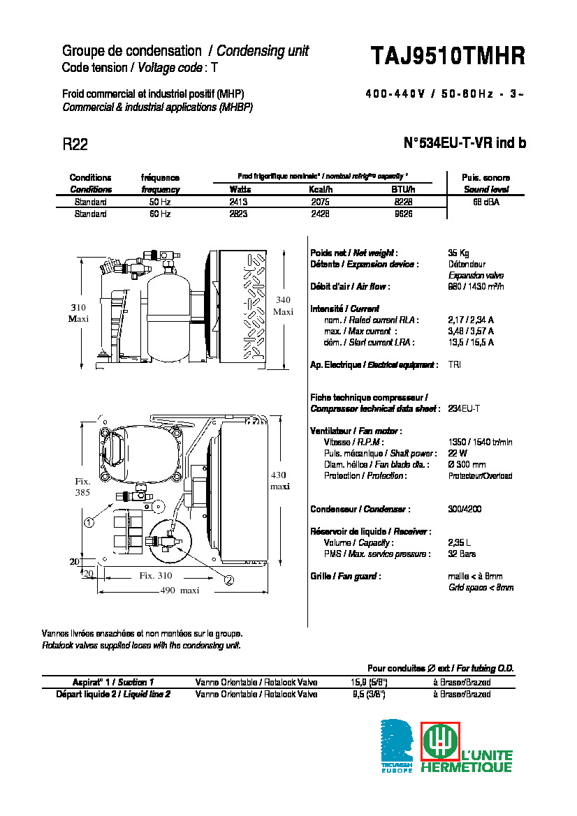 Технические характеристики и размеры агрегата Tecumseh TAJ9510TMHR