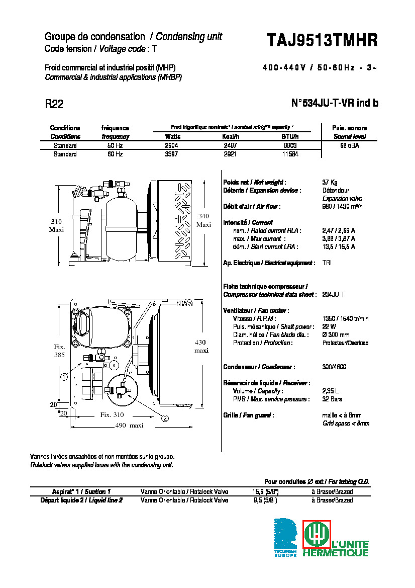 Технические характеристики и размеры агрегата Tecumseh TAJ9513TMHR