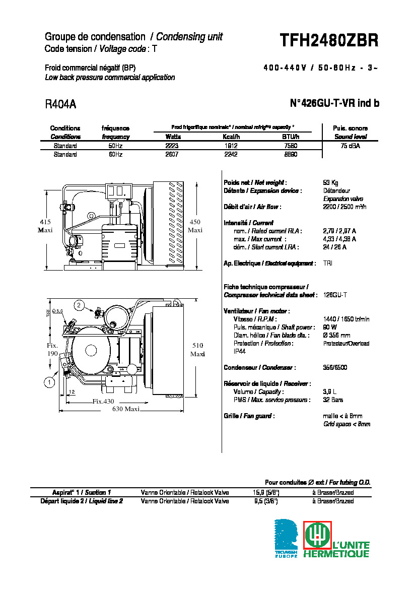 Технические характеристики и размеры агрегата Tecumseh TFH2480ZBR