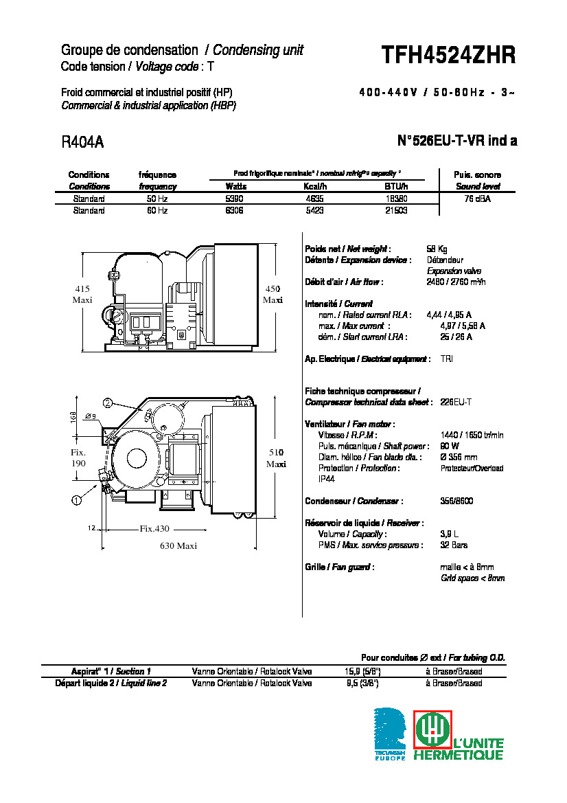 Технические характеристики и размеры агрегата Tecumseh TFH4524ZHR