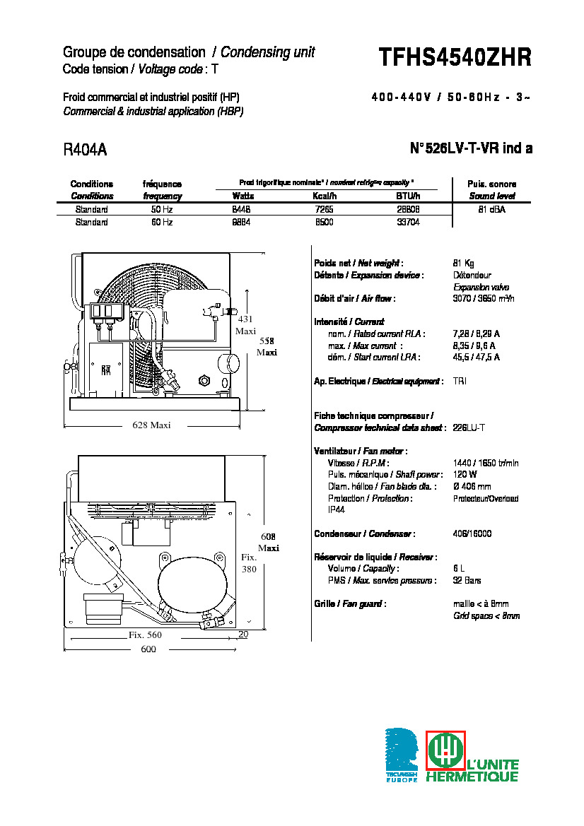Технические характеристики и размеры агрегата Tecumseh TFHS4540ZHR