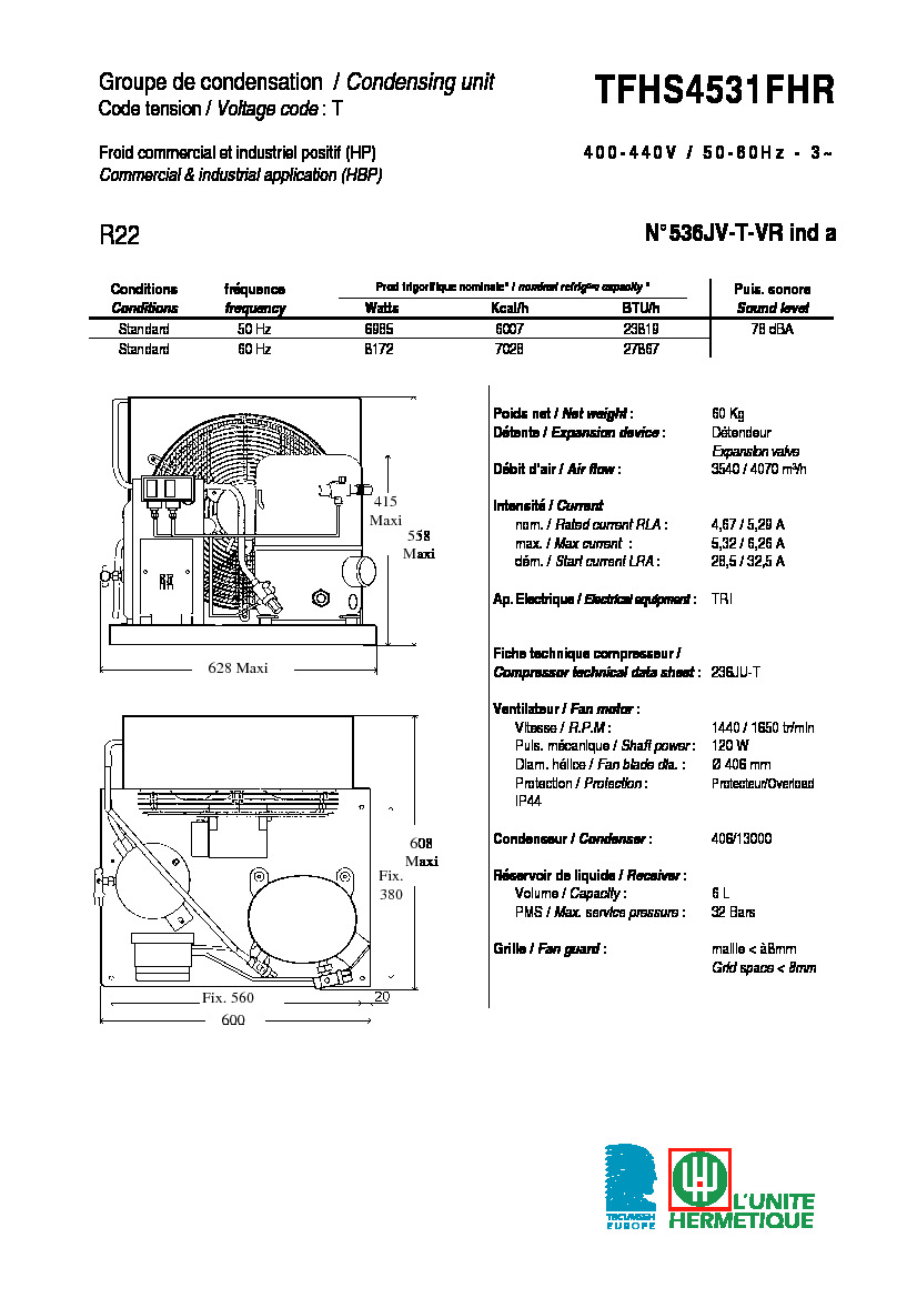Технические характеристики и размеры агрегата Tecumseh TFHS4531FHR