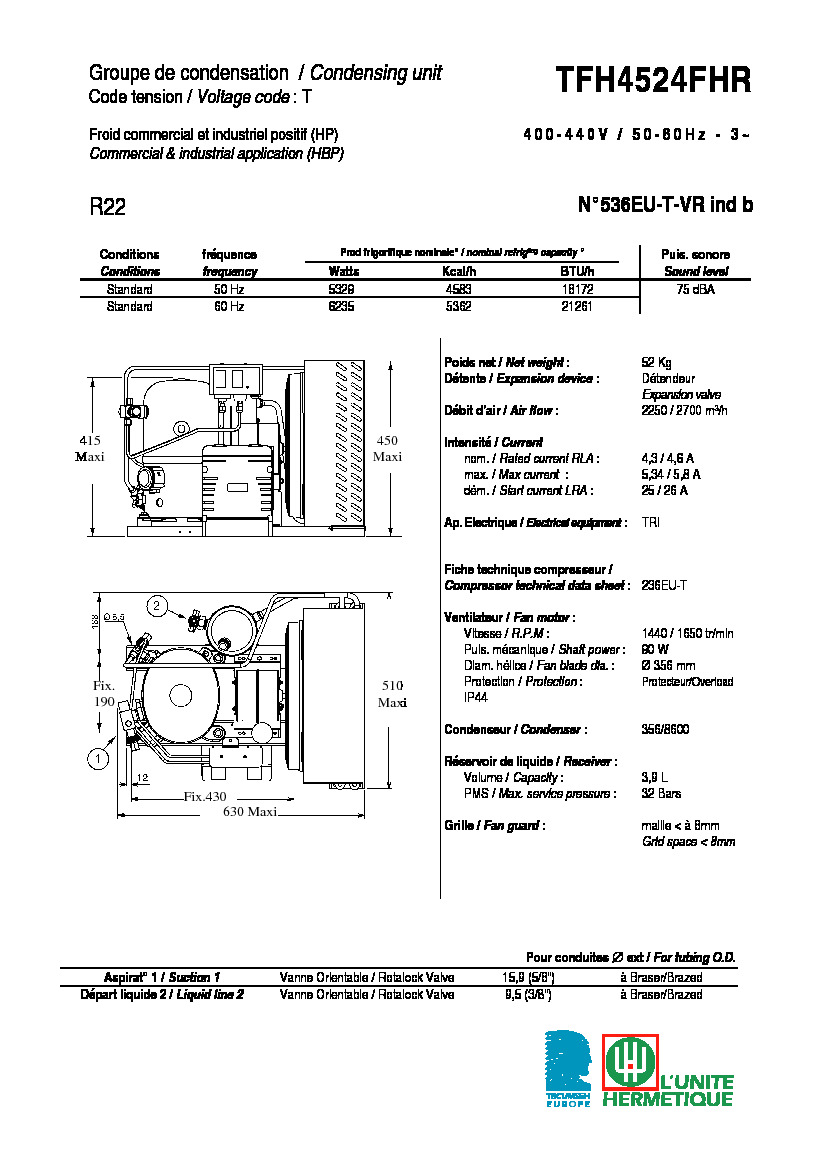 Технические характеристики и размеры агрегата Tecumseh TFH4524FHR