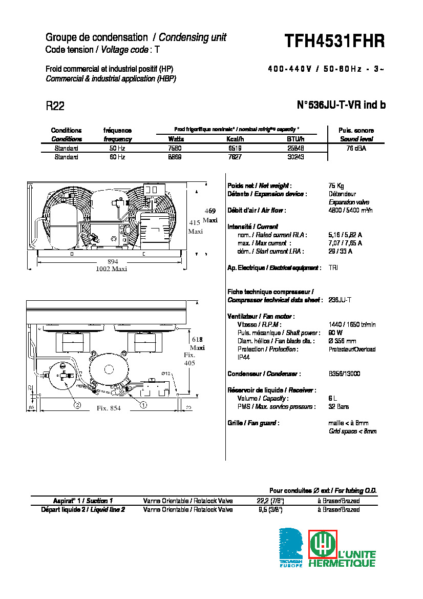 Технические характеристики и размеры агрегата Tecumseh TFH4531FHR