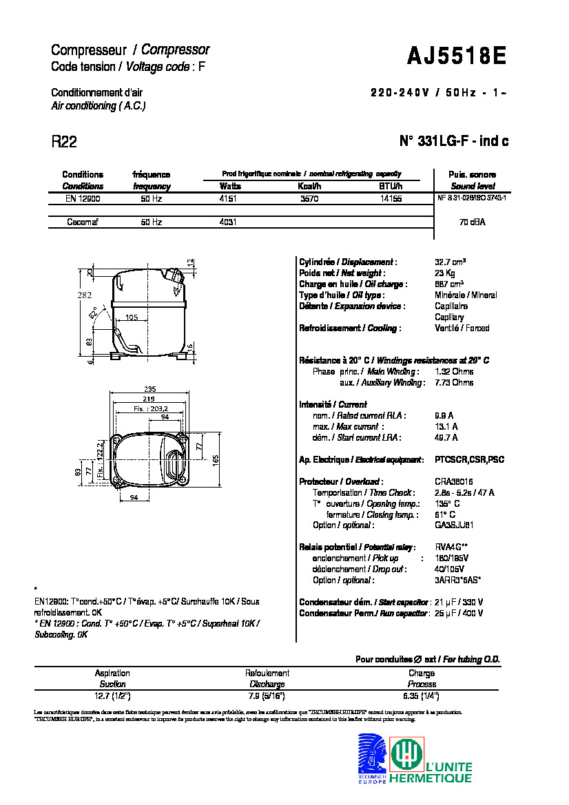 Технические характеристики и размеры компрессора Tecumseh AJ5518E