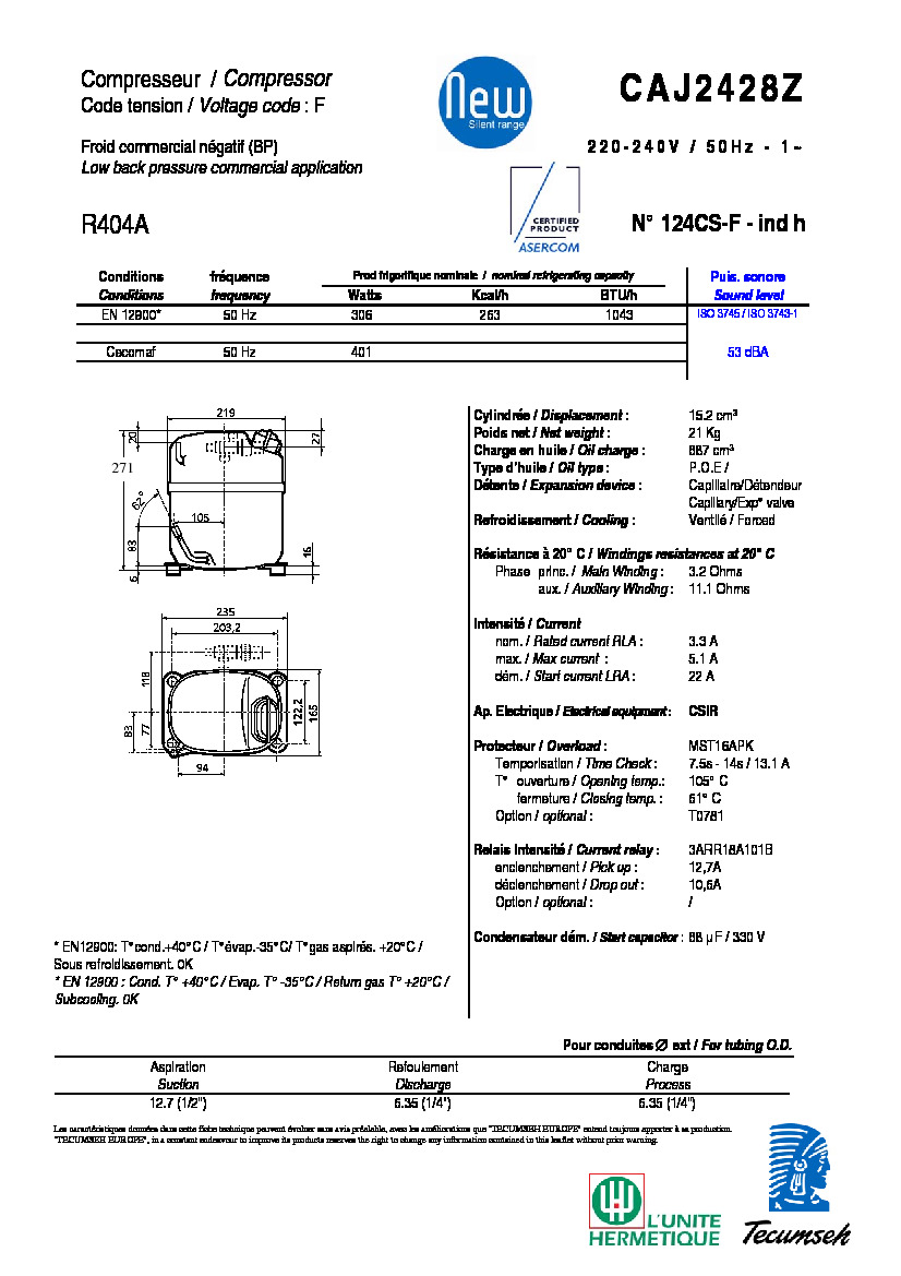 Технические характеристики и размеры компрессора Tecumseh CAJ2428Z