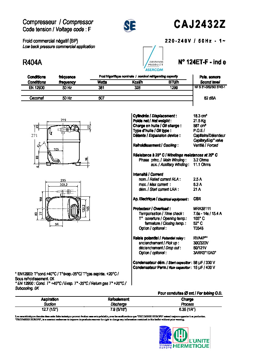 Технические характеристики и размеры компрессора Tecumseh CAJ2432Z
