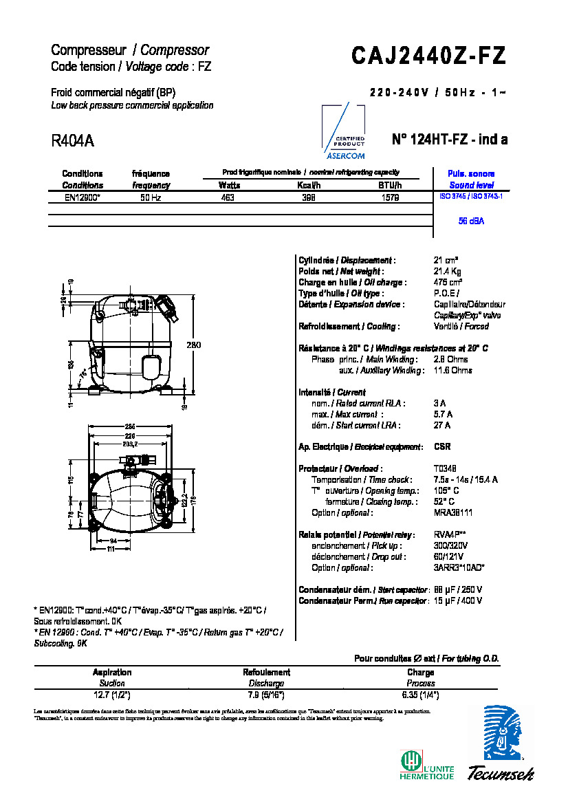 Технические характеристики и размеры компрессора Tecumseh CAJ2440Z