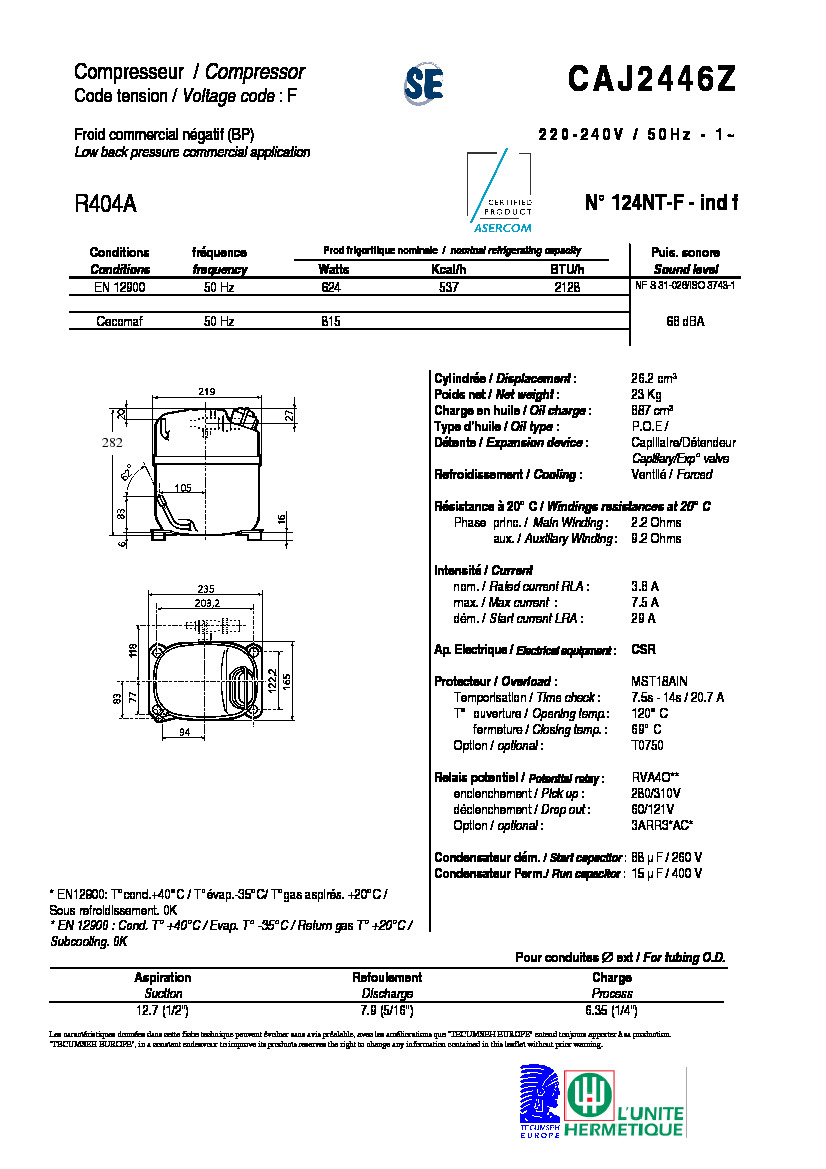 Технические характеристики и размеры компрессора Tecumseh CAJ2446Z