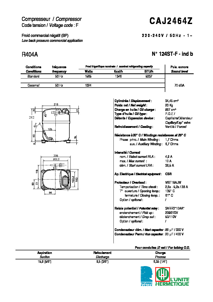 Технические характеристики и размеры компрессора Tecumseh CAJ2464Z