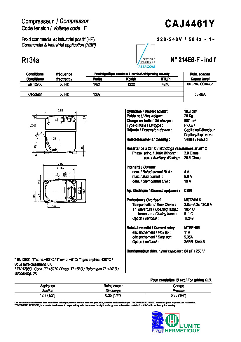 Технические характеристики и размеры компрессора Tecumseh CAJ4461Y